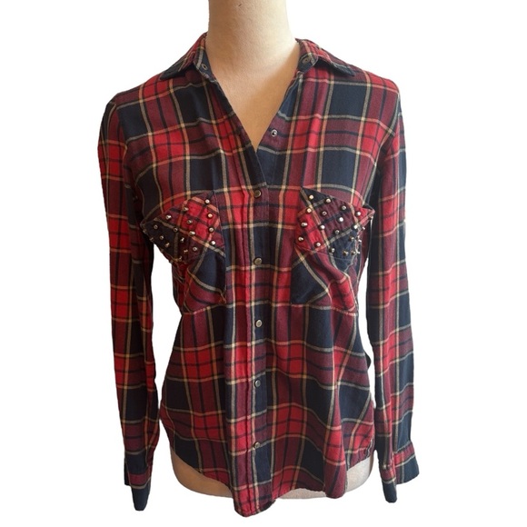 Zara Woman Red Plaid Studded Snap Button Flannel Shirt Medium Western Cowgirl - Picture 4 of 7